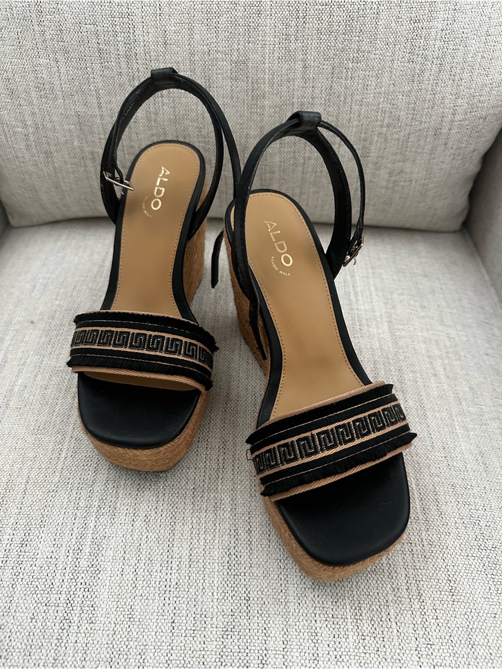 ALDO Black and Tan Espadrille Wedge Sandals